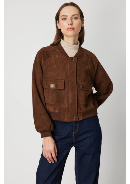 Kadın Kapak Cepli Süet Crop Mont 60705 Kahverengi