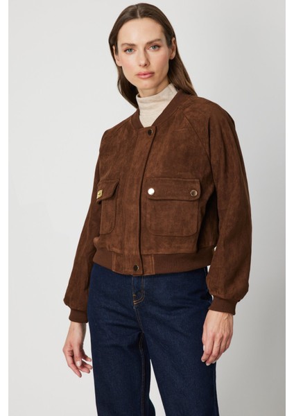 Kadın Kapak Cepli Süet Crop Mont 60705 Kahverengi fiyatları
