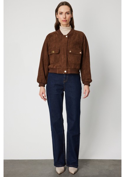 Kadın Kapak Cepli Süet Crop Mont 60705 Kahverengi modelleri