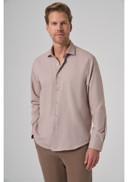 Erkek Bej Polyester Trend Desenli Dynamic Fit Italyan Yaka Gömlek