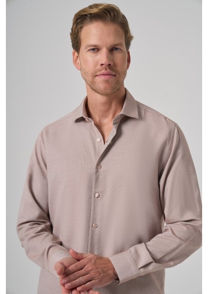 Erkek Bej Polyester Trend Desenli Dynamic Fit Italyan Yaka Gömlek modelleri