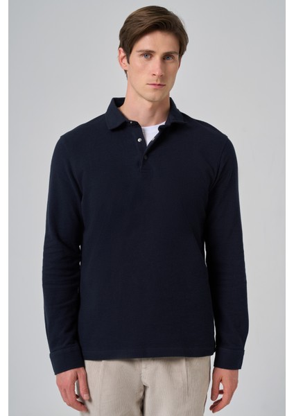 Erkek Lacivert Pamuk Trend Ağaç Kabuğu Desen Dinamik Fit Polo Yaka Sweat-Shirt