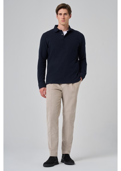 Erkek Lacivert Pamuk Trend Ağaç Kabuğu Desen Dinamik Fit Polo Yaka Sweat-Shirt fiyatları