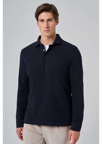 Erkek Lacivert Pamuk Trend Ağaç Kabuğu Desen Dinamik Fit Polo Yaka Sweat-Shirt modelleri