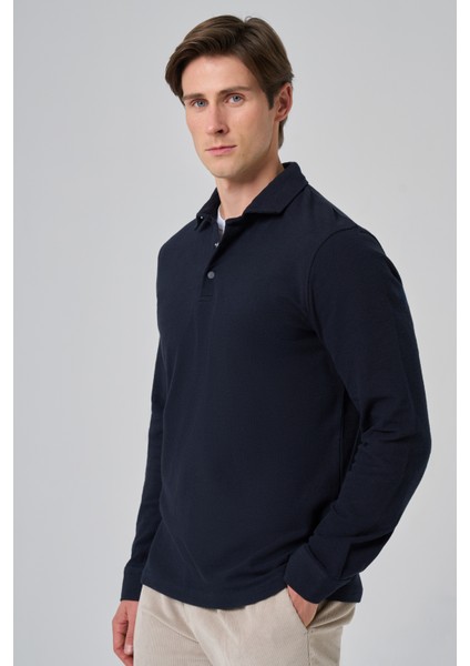 Erkek Lacivert Pamuk Trend Ağaç Kabuğu Desen Dinamik Fit Polo Yaka Sweat-Shirt fırsatları