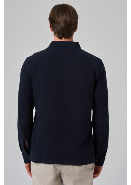 Erkek Lacivert Pamuk Trend Ağaç Kabuğu Desen Dinamik Fit Polo Yaka Sweat-Shirt indirimleri