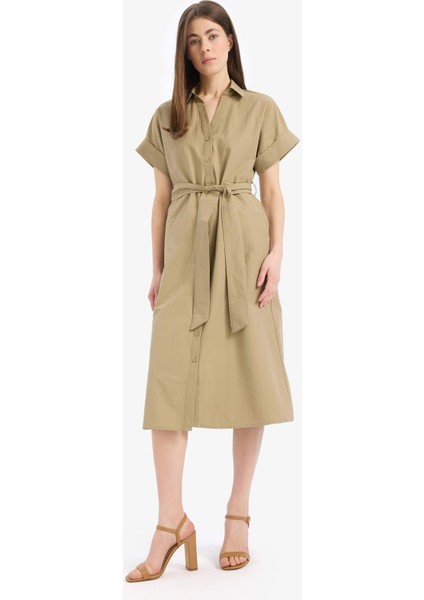 A Kesim Gömlek Yaka Kuşaklı Poplin Kısa Kollu Midi Elbise E6489AX25SP