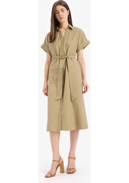 A Kesim Gömlek Yaka Kuşaklı Poplin Kısa Kollu Midi Elbise E6489AX25SP