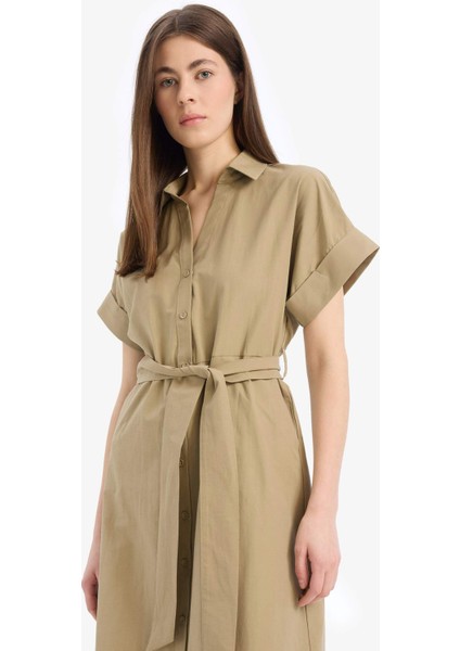 A Kesim Gömlek Yaka Kuşaklı Poplin Kısa Kollu Midi Elbise E6489AX25SP