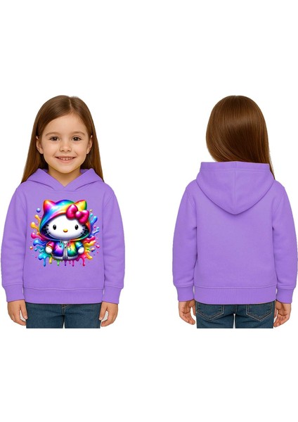 Unisex Hello Kity Baskılı Çocuk Swaetshirt Baskılı Kapüşonlu 3 Iplik Şardonlu