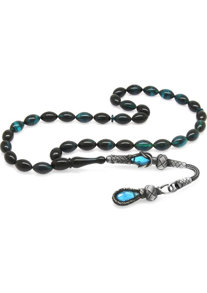 1000 Ayar Gümüş Kazaz Püsküllü Arpa Kesim Turkuaz Siyah Ateş Kehribar Tesbih