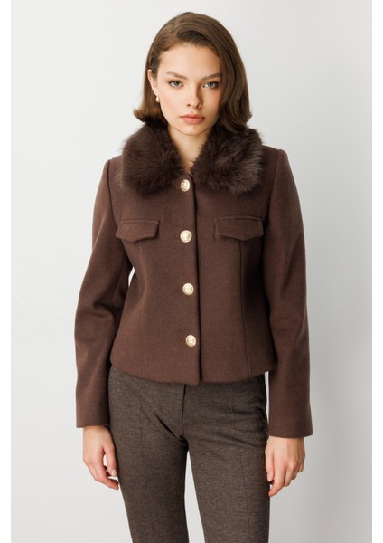 Kadın Yakası Kürklü Kısa Mont 6121 Kahverengi