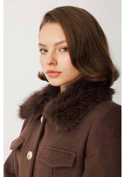 Kadın Yakası Kürklü Kısa Mont 6121 Kahverengi modelleri