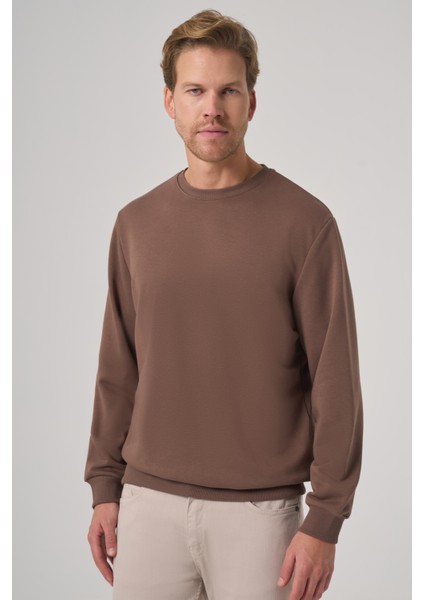 Erkek Kahve Basic Bisiklet Yaka Sweatshirt