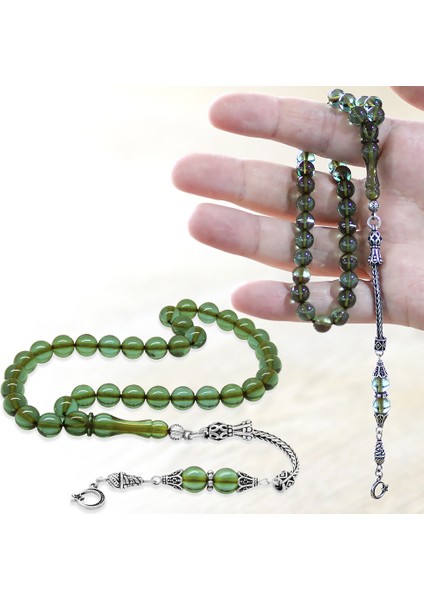 925 Ayar Gümüş Ay Yıldız Püsküllü Küre Kesim Su Yeşili Ateş Kehribar Tesbih fiyatları