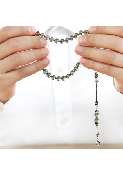 925 Ayar Gümüş Ay Yıldız Püsküllü Küre Kesim Su Yeşili Ateş Kehribar Tesbih modelleri