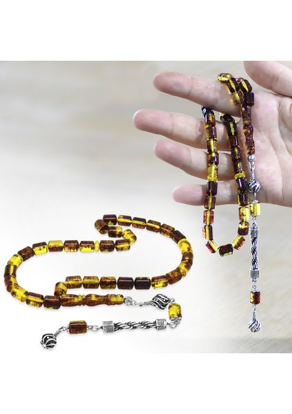 Kararmaz Metal Halat Püsküllü Kapsül Kesim Sarı - Siyah Fosilli Beyrut Kehribar Tesbih fiyatları