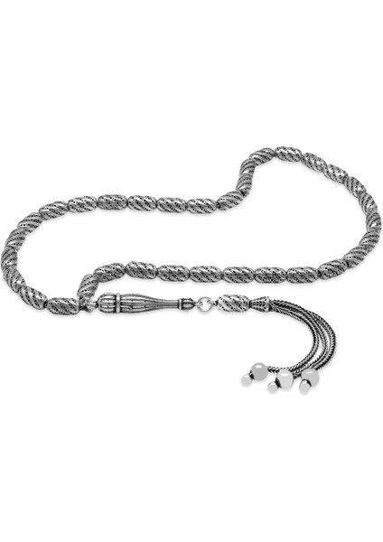 Üç Kamçı Püskül Çeşmi Bülbül Detaylı Telkari Tasarım Kapsül Kesim Eskitme Renk 925 Ayar Gümüş Tesbih