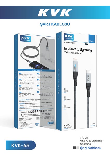 Kvk Hasır Tasarımlı 3A Usb-C To Lıghtınıng 27W 2 Metre Hızlı Şarj Kablosu