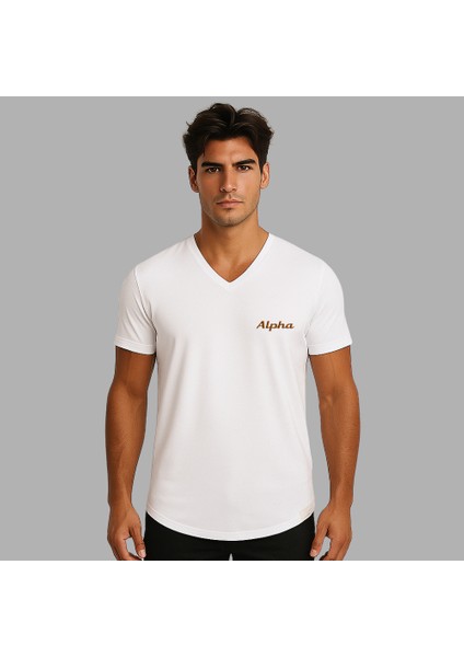 Kişiye Özel Nakışlı Yakası Biyeli Kısa Kollu V Yaka Premium Beyaz Tişört L fiyatları