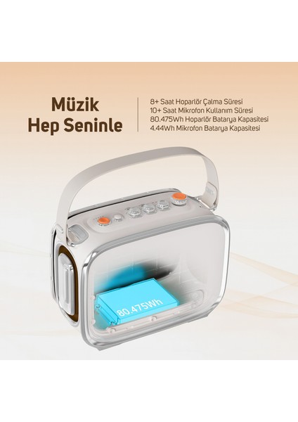 Songbird Ultra 100W Çift Mikrofonlu Karaoke Bluetooth Hoparlör, Taşınabilir Ses Bombası, 8 Saate Varan Çalma Süresi, Kablosuz, Tf/aux/usb/bluetooth5.2, Beyaz modelleri