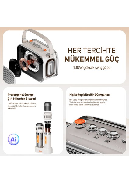 Songbird Ultra 100W Çift Mikrofonlu Karaoke Bluetooth Hoparlör, Taşınabilir Ses Bombası, 8 Saate Varan Çalma Süresi, Kablosuz, Tf/aux/usb/bluetooth5.2, Beyaz fırsatları