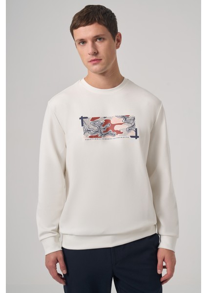 Erkek Ekru Trend Baskılı Bisiklet Yaka Sweatshirt