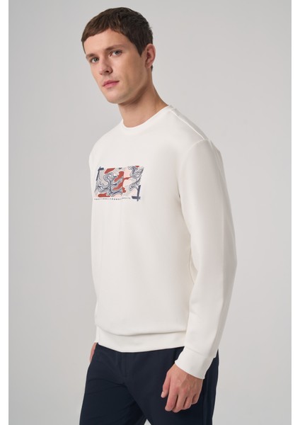Erkek Ekru Trend Baskılı Bisiklet Yaka Sweatshirt fiyatları