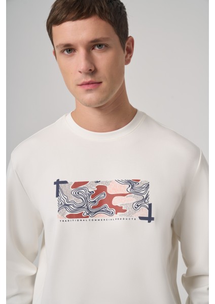 Erkek Ekru Trend Baskılı Bisiklet Yaka Sweatshirt modelleri