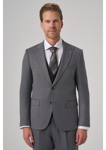 Erkek Siyah Poliviskon Trend Desenli Slim Fit Yelekli Kombinli Takım Elbise