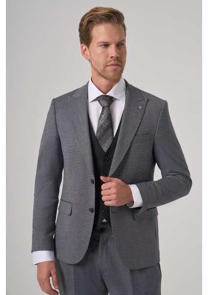 Erkek Siyah Poliviskon Trend Desenli Slim Fit Yelekli Kombinli Takım Elbise modelleri