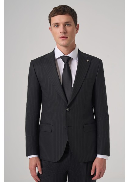 Erkek Siyah Yünlü Trend Çizgili Slim Fit Sivri Yaka Takım Elbise