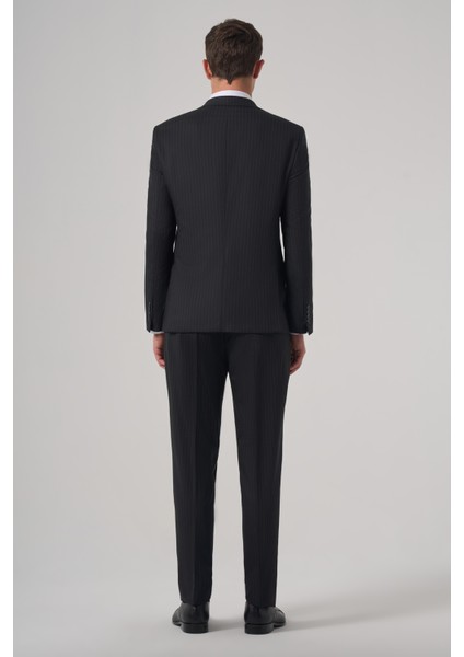 Erkek Siyah Yünlü Trend Çizgili Slim Fit Sivri Yaka Takım Elbise indirimleri