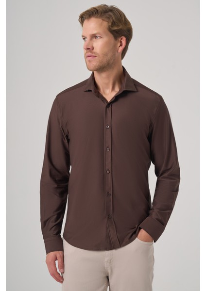 Erkek Kahve Trend Düz Slim Fit Tam Italyan Yaka Gömlek