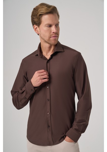 Erkek Kahve Trend Düz Slim Fit Tam Italyan Yaka Gömlek fiyatları