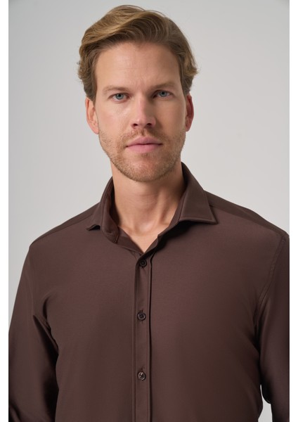 Erkek Kahve Trend Düz Slim Fit Tam Italyan Yaka Gömlek modelleri