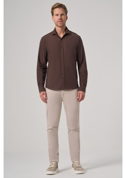 Erkek Kahve Trend Düz Slim Fit Tam Italyan Yaka Gömlek fırsatları