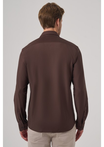 Erkek Kahve Trend Düz Slim Fit Tam Italyan Yaka Gömlek indirimleri