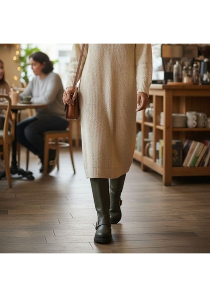 Haki Mat Deri Tokalı Kadın Çizme modelleri
