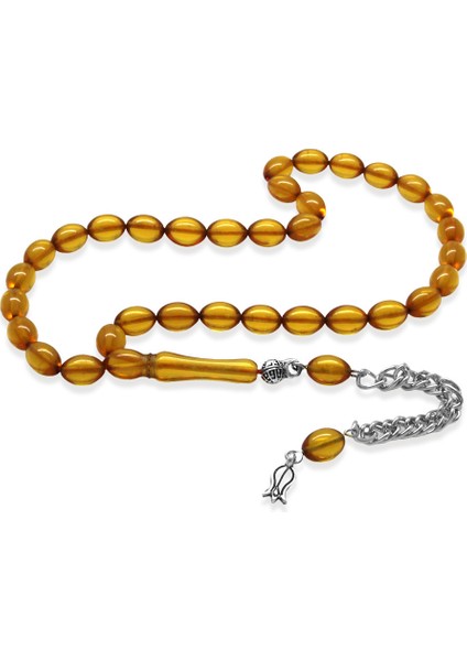 Ateş Kehribar Tesbih - Kararmaz Metal Püsküllü - Mini Boy - Gün Batımı - Arpa Kesim