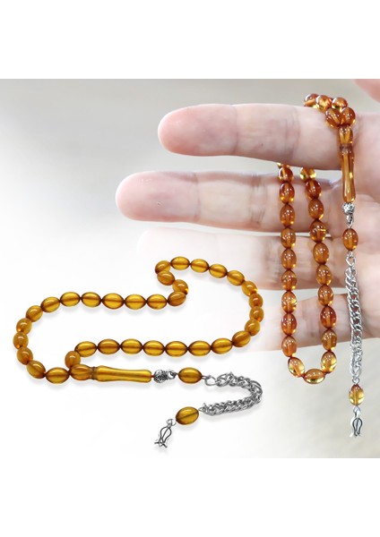 Ateş Kehribar Tesbih - Kararmaz Metal Püsküllü - Mini Boy - Gün Batımı - Arpa Kesim fiyatları