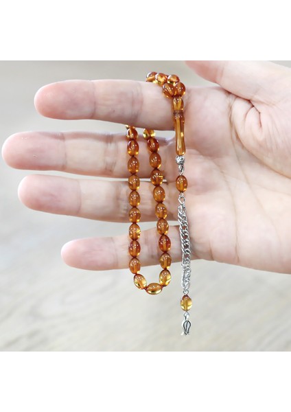 Ateş Kehribar Tesbih - Kararmaz Metal Püsküllü - Mini Boy - Gün Batımı - Arpa Kesim modelleri