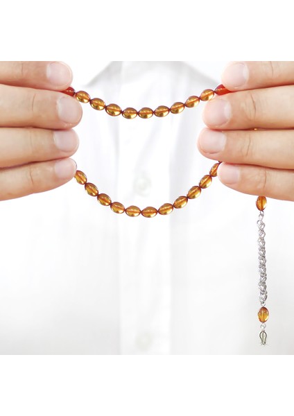 Ateş Kehribar Tesbih - Kararmaz Metal Püsküllü - Mini Boy - Gün Batımı - Arpa Kesim fırsatları