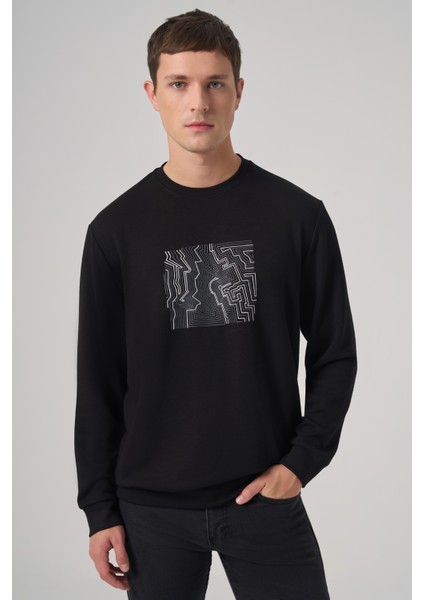 Erkek Siyah Trend Baskılı Bisiklet Yaka Sweatshirt