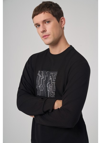 Erkek Siyah Trend Baskılı Bisiklet Yaka Sweatshirt fiyatları