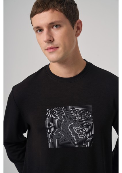 Erkek Siyah Trend Baskılı Bisiklet Yaka Sweatshirt modelleri