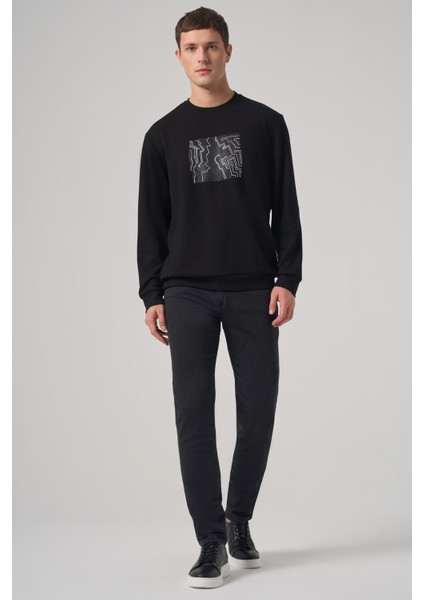 Erkek Siyah Trend Baskılı Bisiklet Yaka Sweatshirt fırsatları