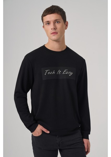 Erkek Siyah Trend Baskılı Bisiklet Yaka Sweat-Shirt