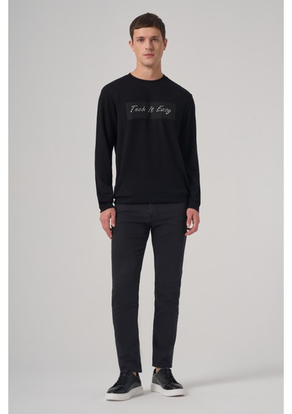 Erkek Siyah Trend Baskılı Bisiklet Yaka Sweat-Shirt fırsatları