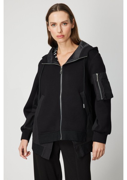 Kadın Kapüşonlu Mix Kumaş Mont 60704 Siyah